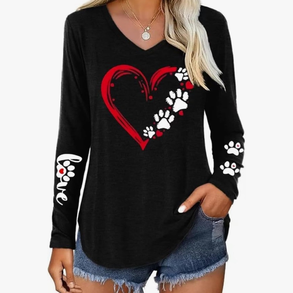 Chic Nation Black Long Sleeve Tee with Red Heart and White Paw Prints